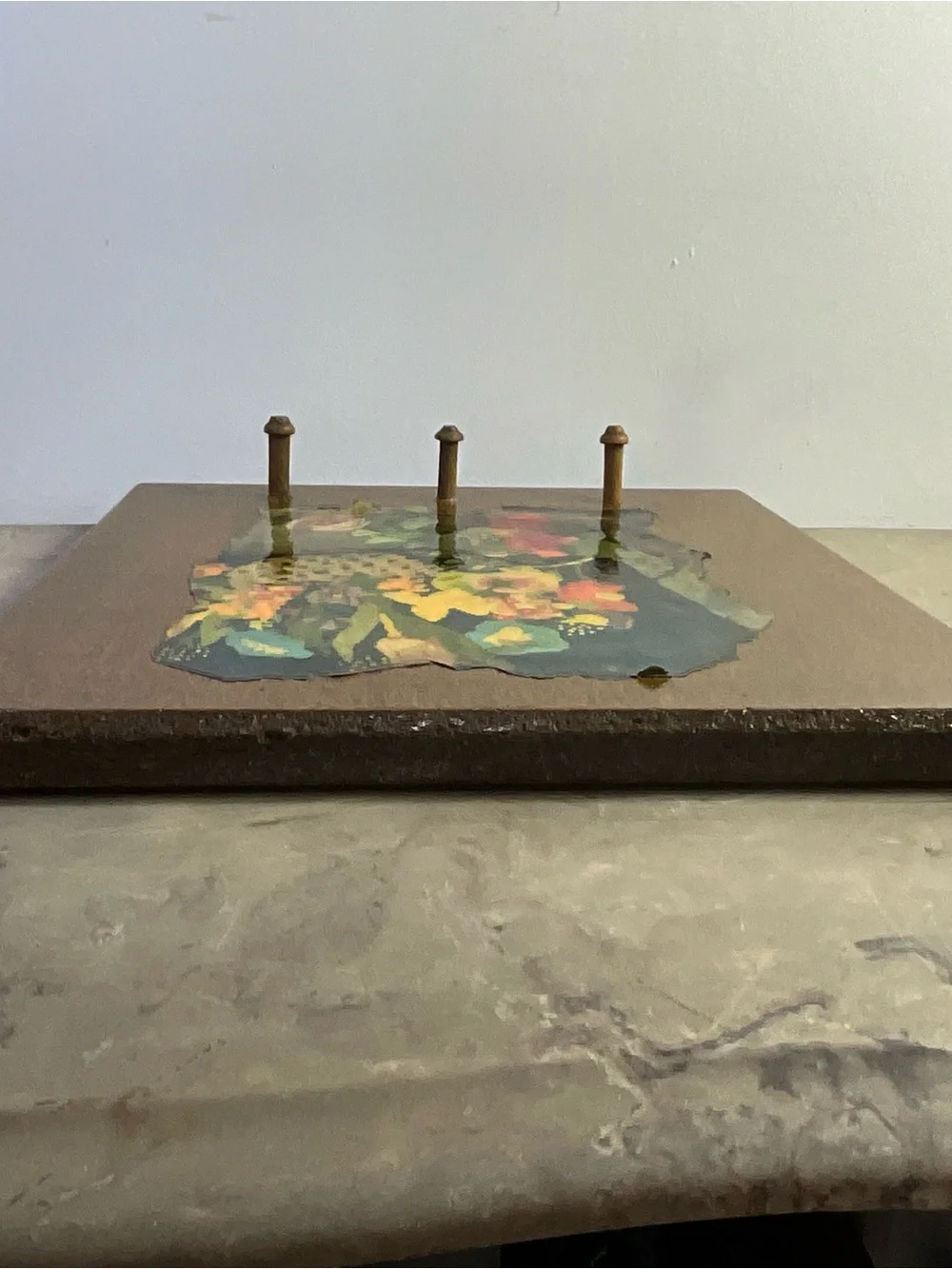 Vintage Wooden Wall-Hanging Key Rack Decoupage Floral Print Three Wooden Pegs